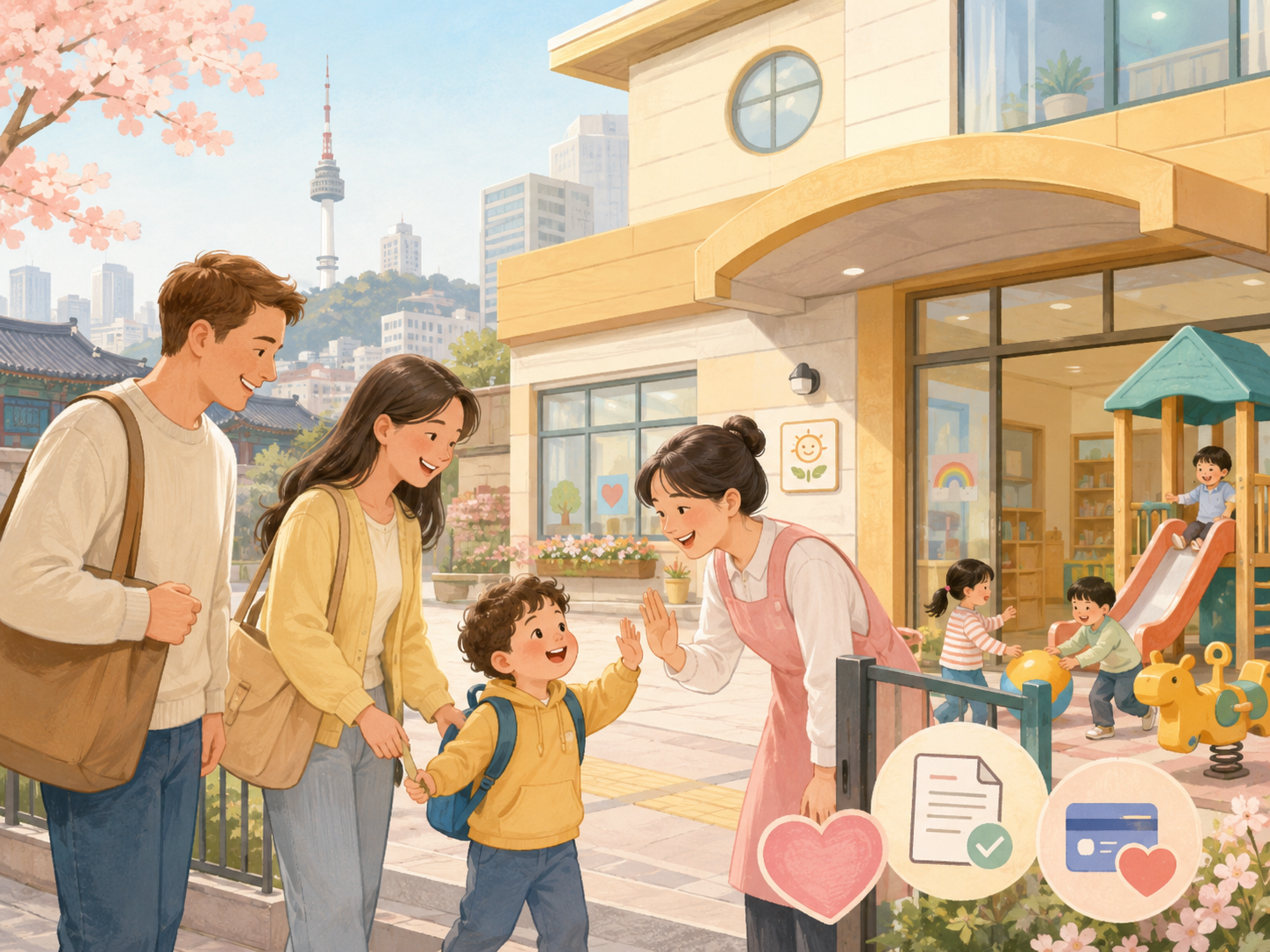Foreign parents in Korea checking Seoul childcare support information with their child