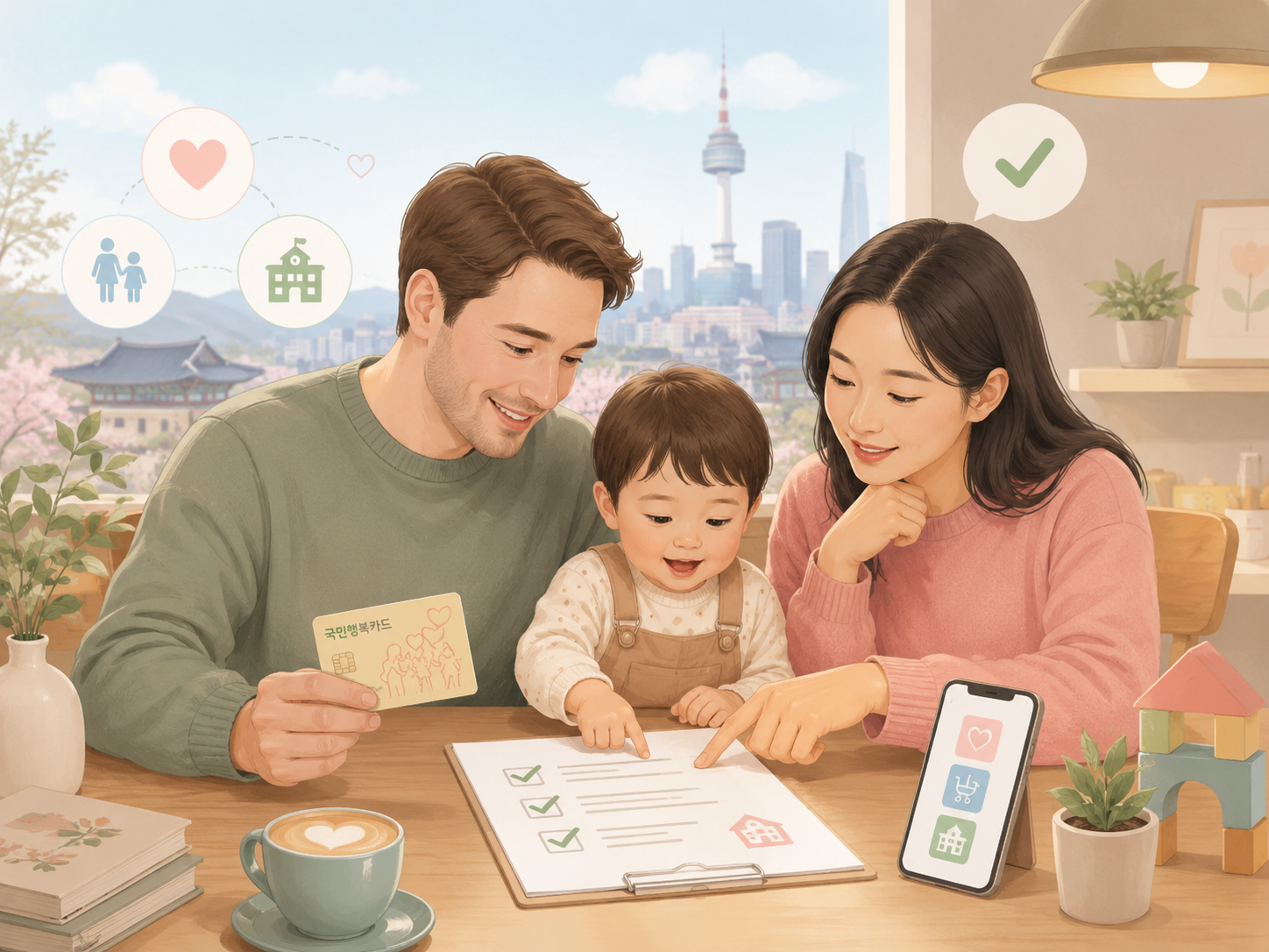 A foreign family bringing their child to a daycare center in Seoul