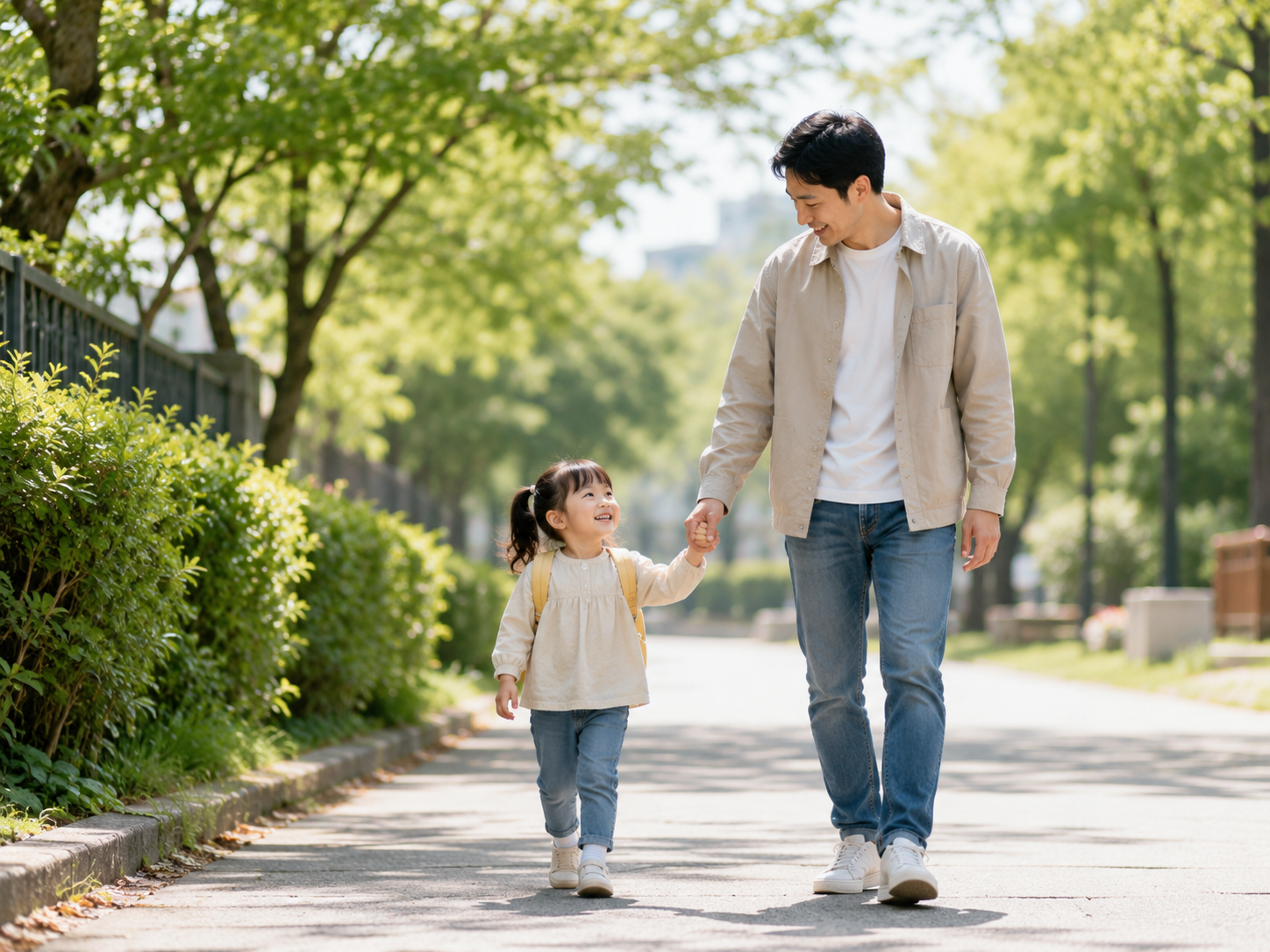부모가 아이를 옆에 두고 아동수당과 육아 지원 정보를 확인하는 모습