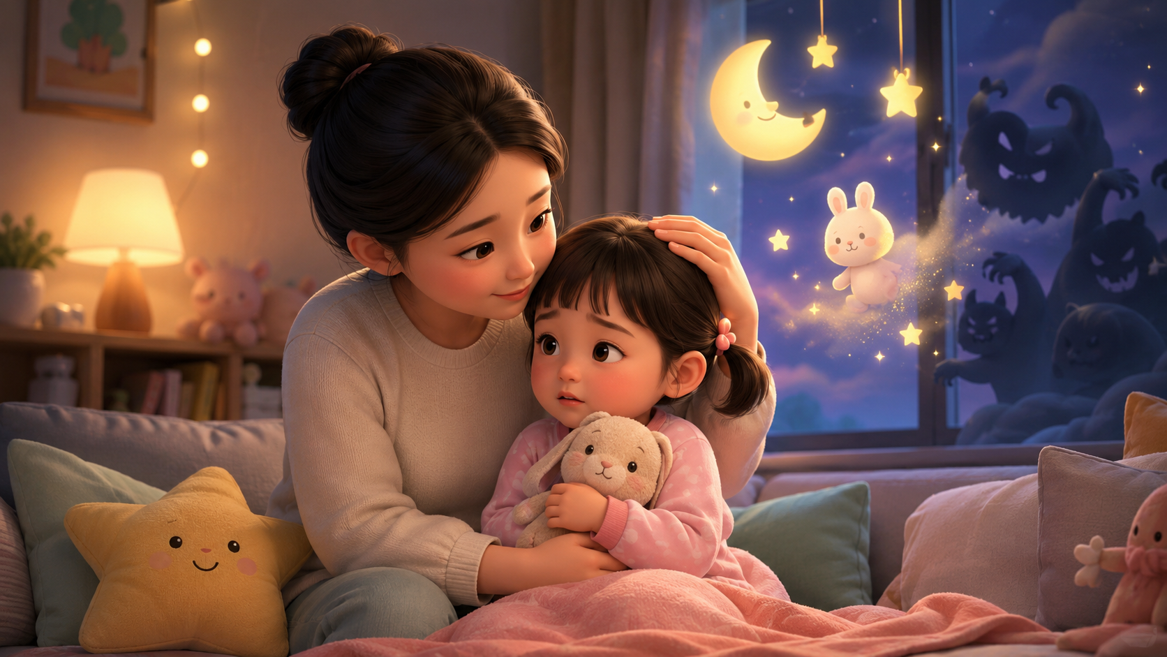 부모에게 즐겁게 상상 이야기를 들려주는 3세 아이