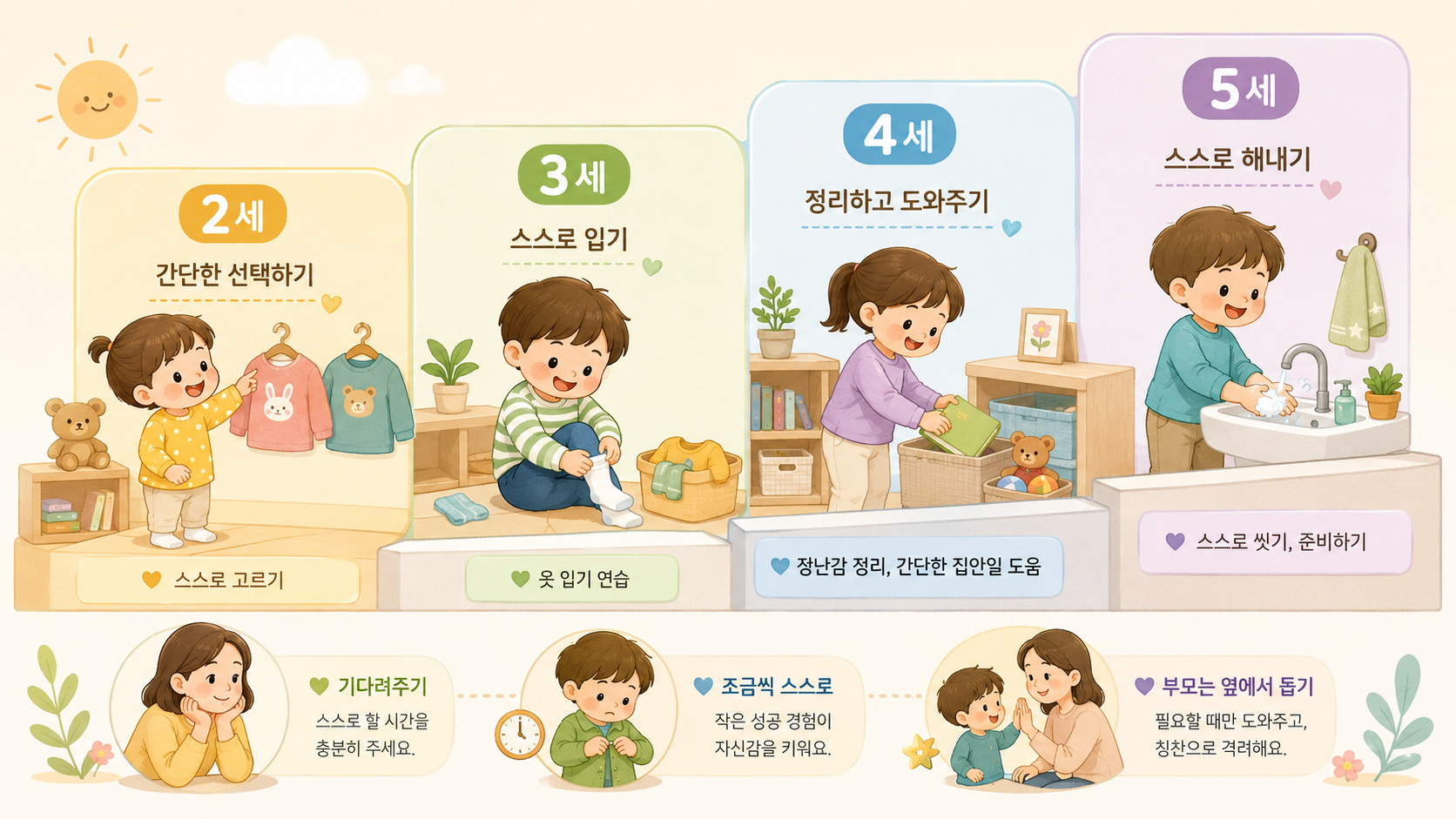 3세 아이가 신발 신기 밥 먹기 손 씻기 장난감 정리를 연습하는 모습