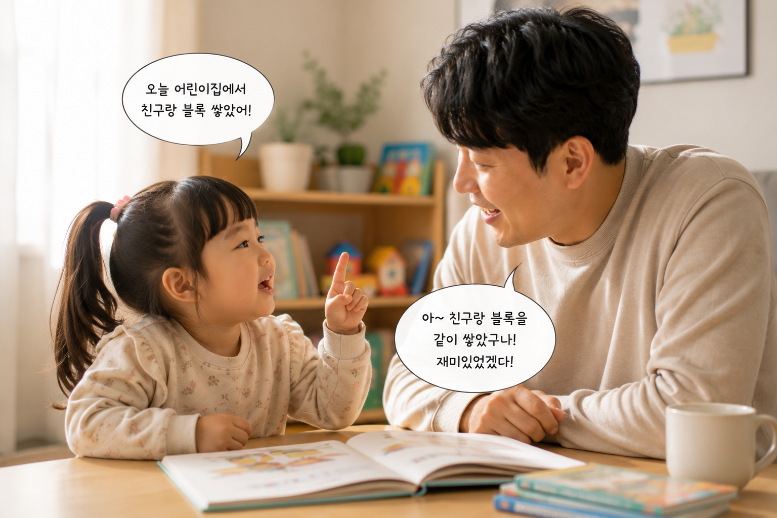 3세 아이가 한 말을 아빠가 조금 더 자연스럽고 풍부한 문장으로 확장해 들려주는 모습