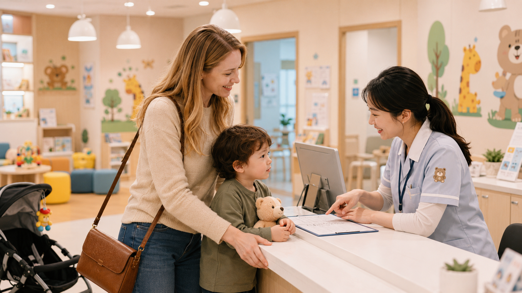 A foreign mother registering her child at a pediatric clinic reception desk in Korea