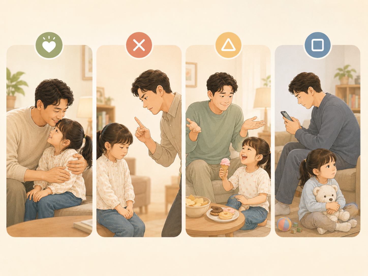 바움린드 양육유형 네 가지를 비교한 아빠와 아이 일러스트
