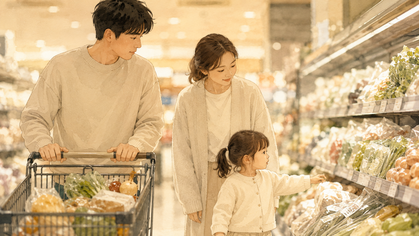 마트에서 작은 장바구니를 들고 앞장서는 아이와 그 모습을 바라보는 부모