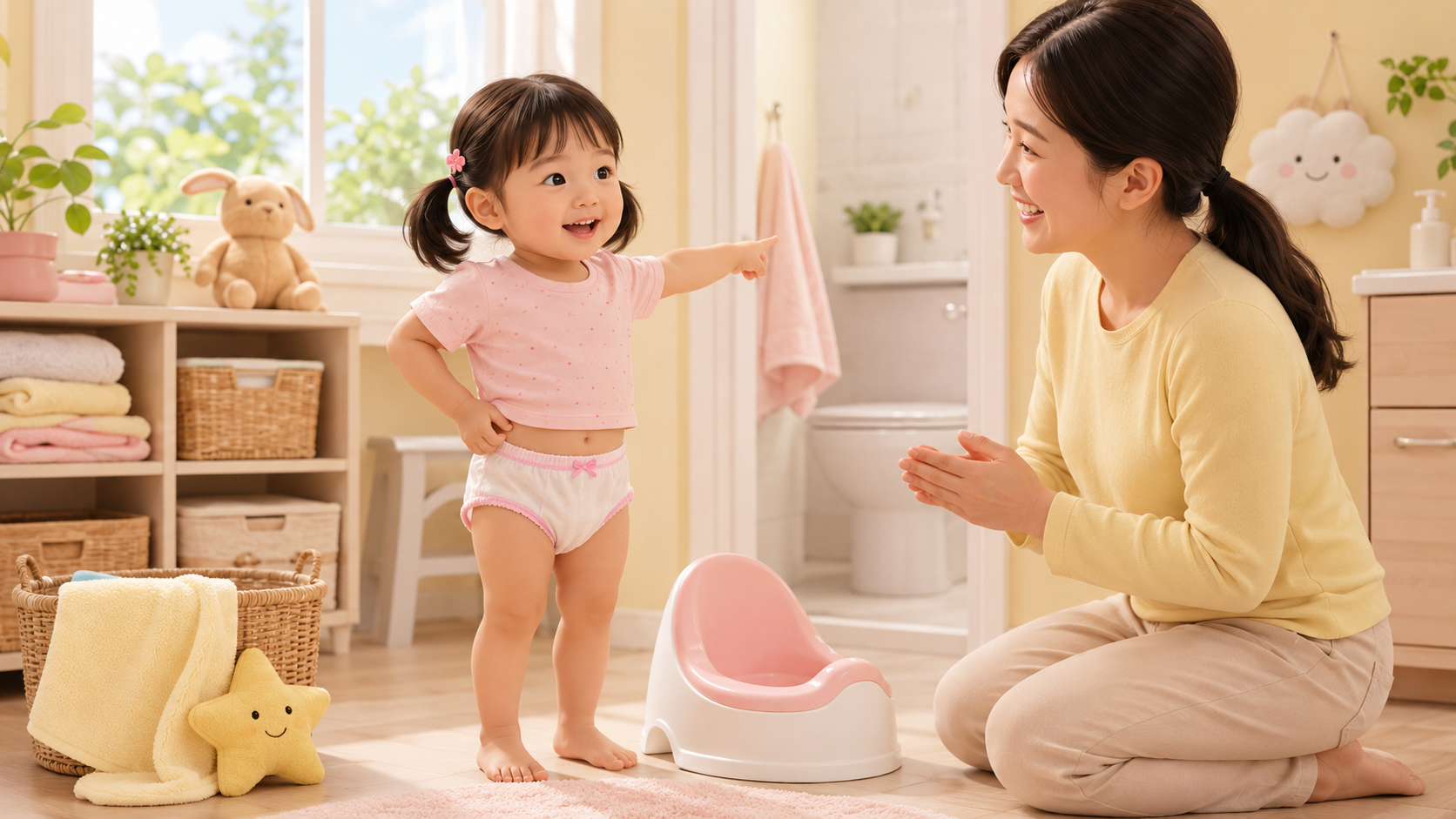 낮에는 팬티로 화장실을 이용하고 밤에는 기저귀를 착용하는 3세 아이