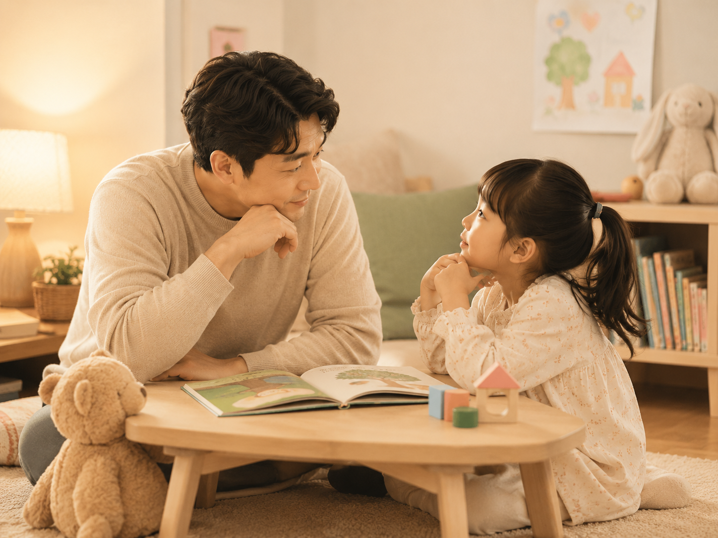 아빠와 아이가 따뜻하게 대화하는 거실 장면