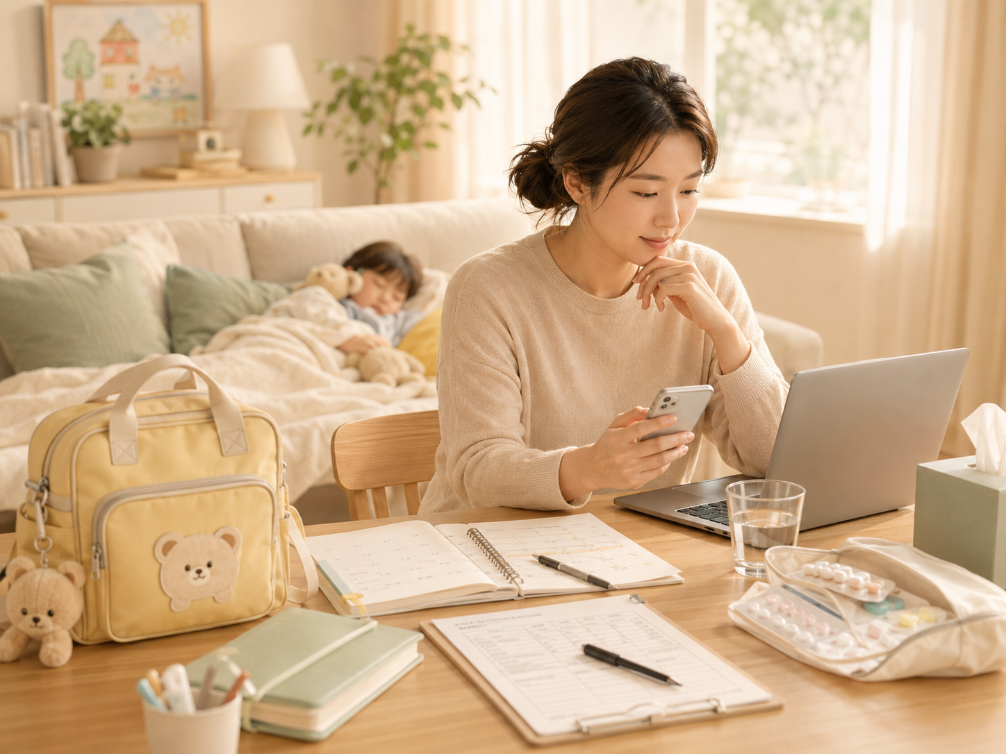 아이가 어린이집에 가지 못하고 집에서 쉬는 날 부모가 돌보는 모습