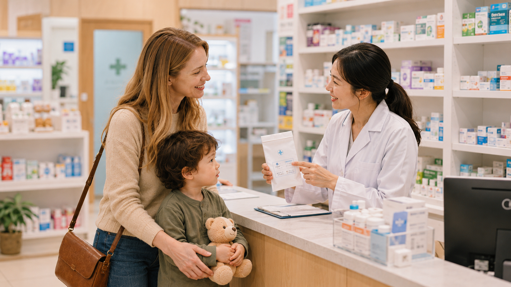 A Korean pharmacist explaining a child's prescription to a foreign mother