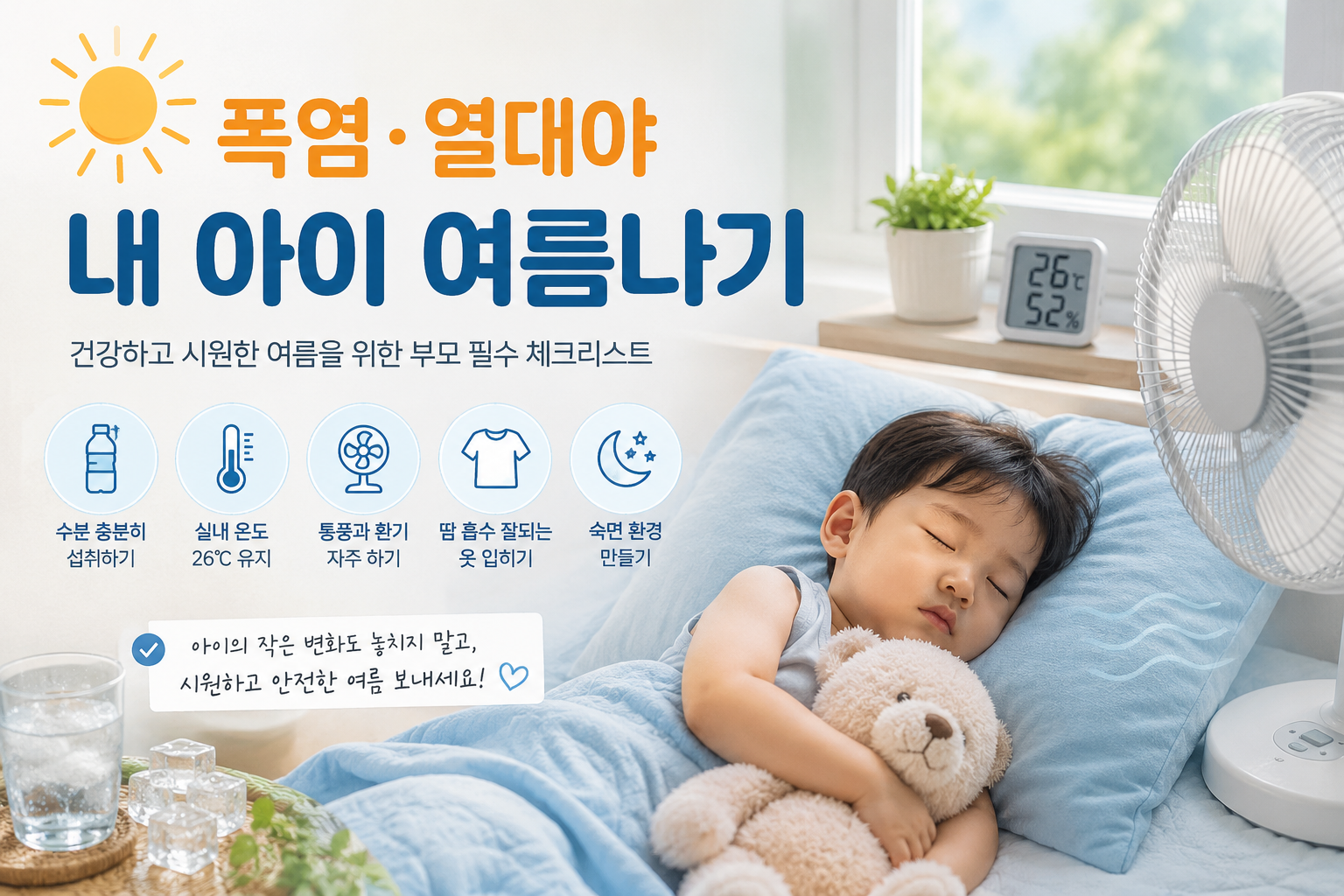 폭염·열대야에 선풍기 바람을 맞으며 곰인형을 안고 잠든 아이 - 내 아이 여름나기 부모 필수 체크리스트