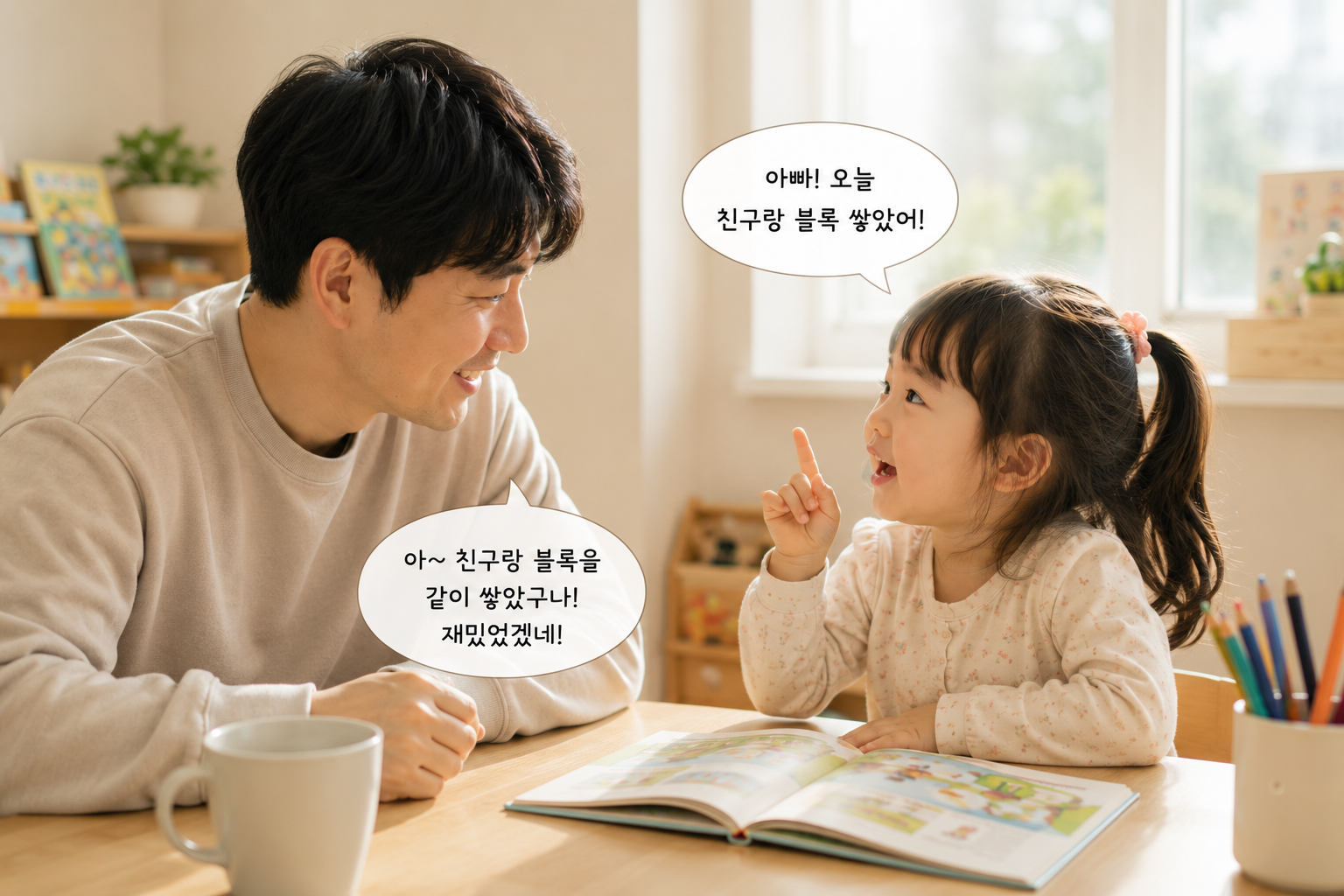 어린이집에서 친구와 블록을 쌓았다고 이야기하는 3세 아이의 말을 아빠가 자연스럽게 되말해주는 모습
