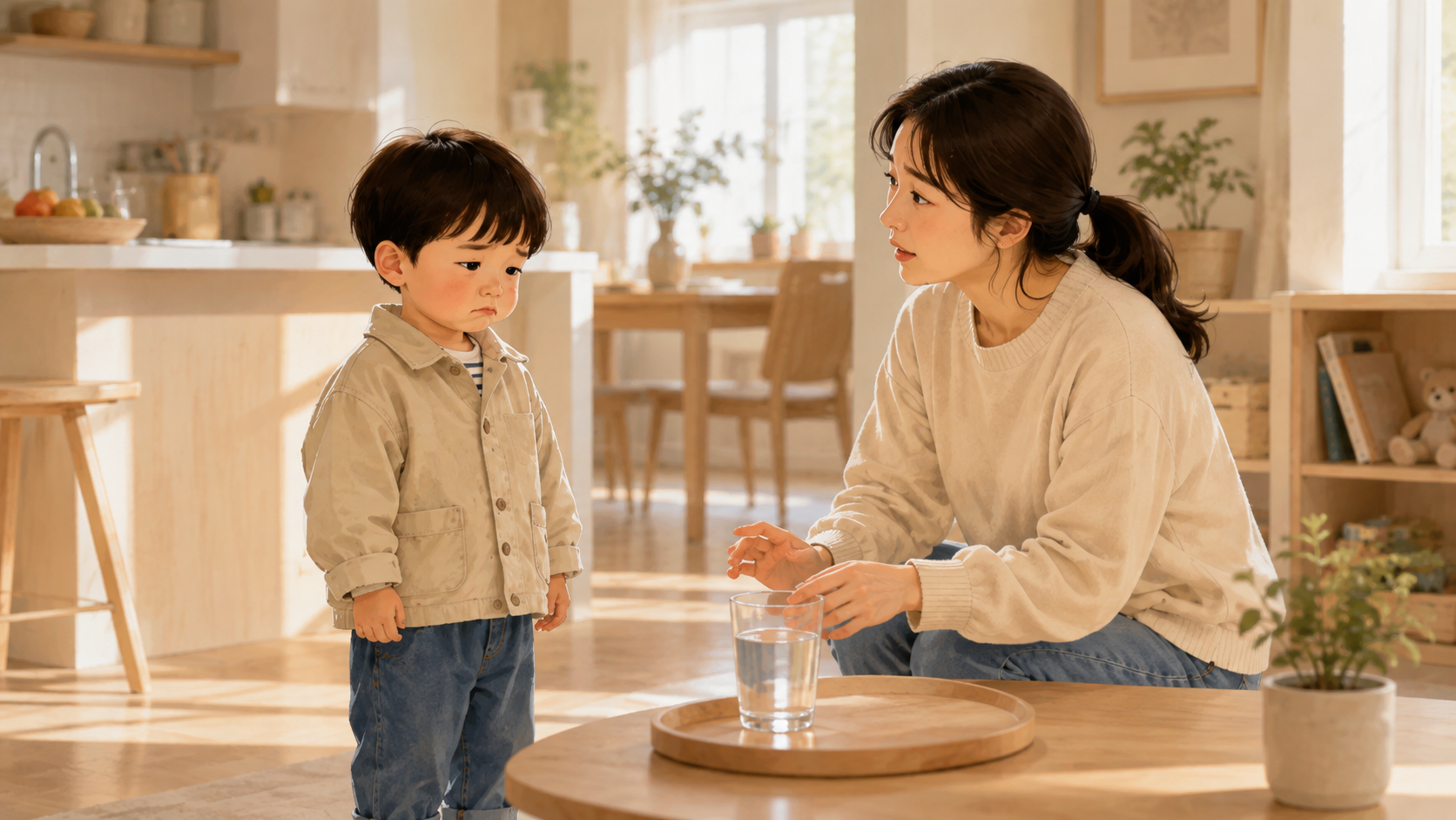 부모가 3세 아이에게 다시 스스로 해볼 기회를 주는 모습