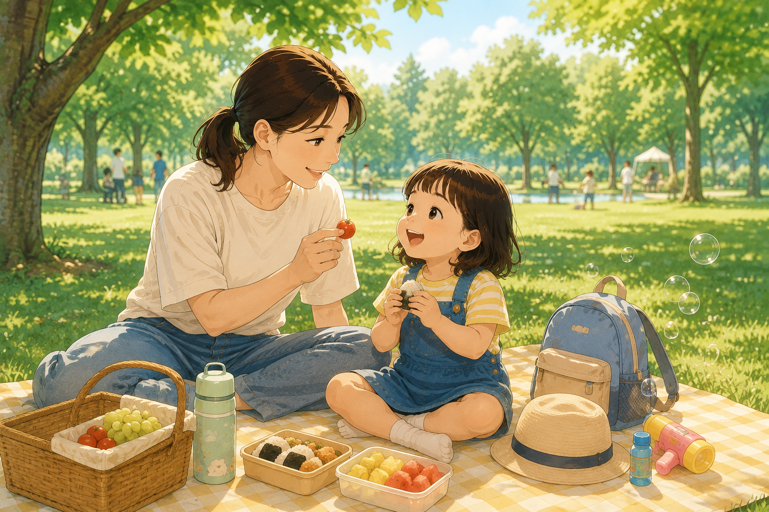 어린이집 여름방학에 집 근처 공원에서 도시락을 먹는 부모와 3세 아이