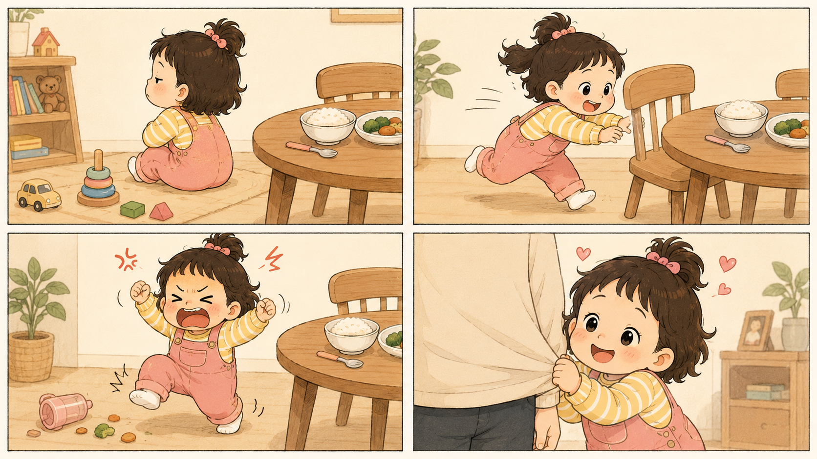 말을 듣지 않고 반대로 행동하거나 화를 냈다가 다시 부모에게 애교를 부리는 3세 아이의 다양한 모습