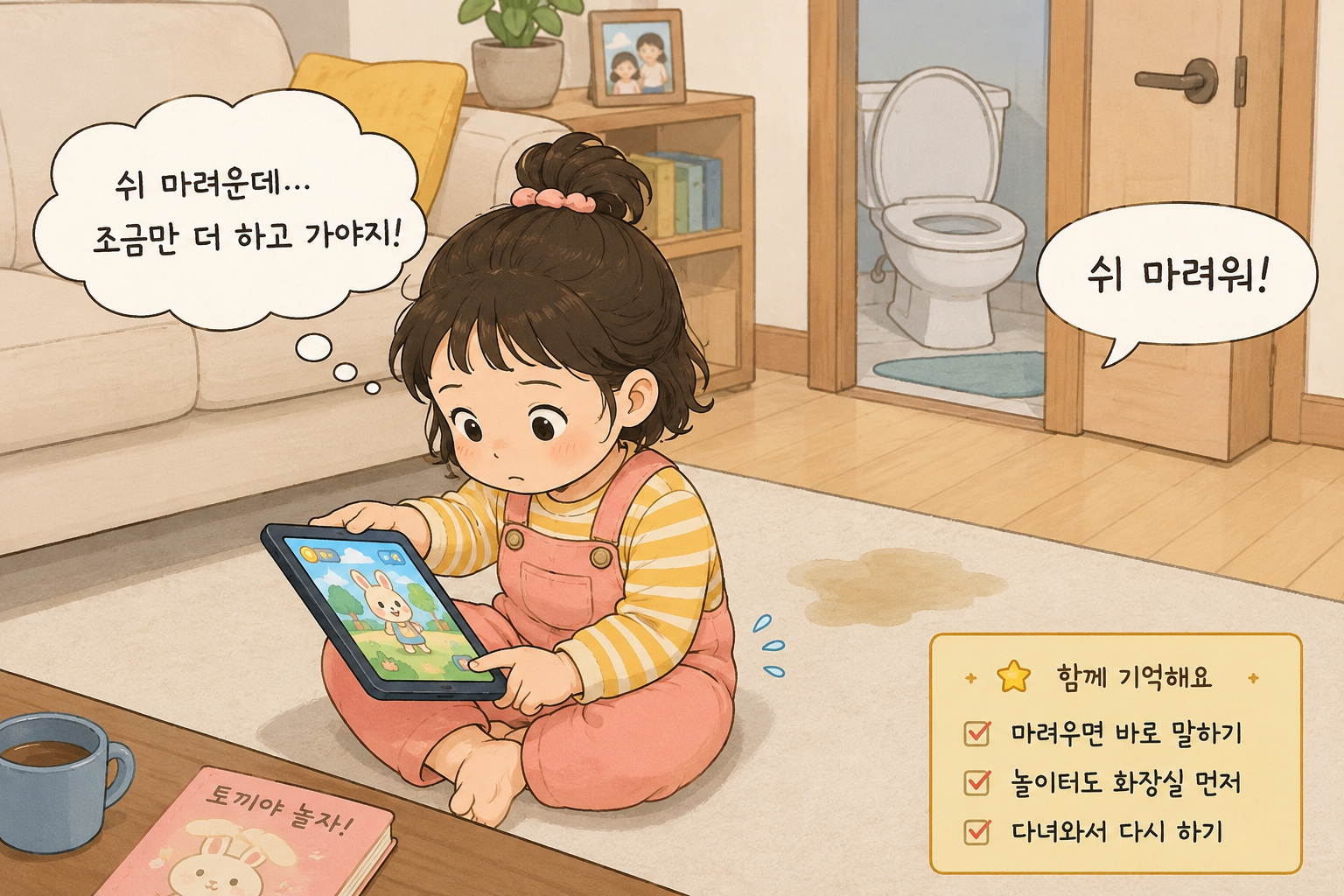 패드 게임에 집중하다 소변이 마려운 신호를 느끼는 3세 아이