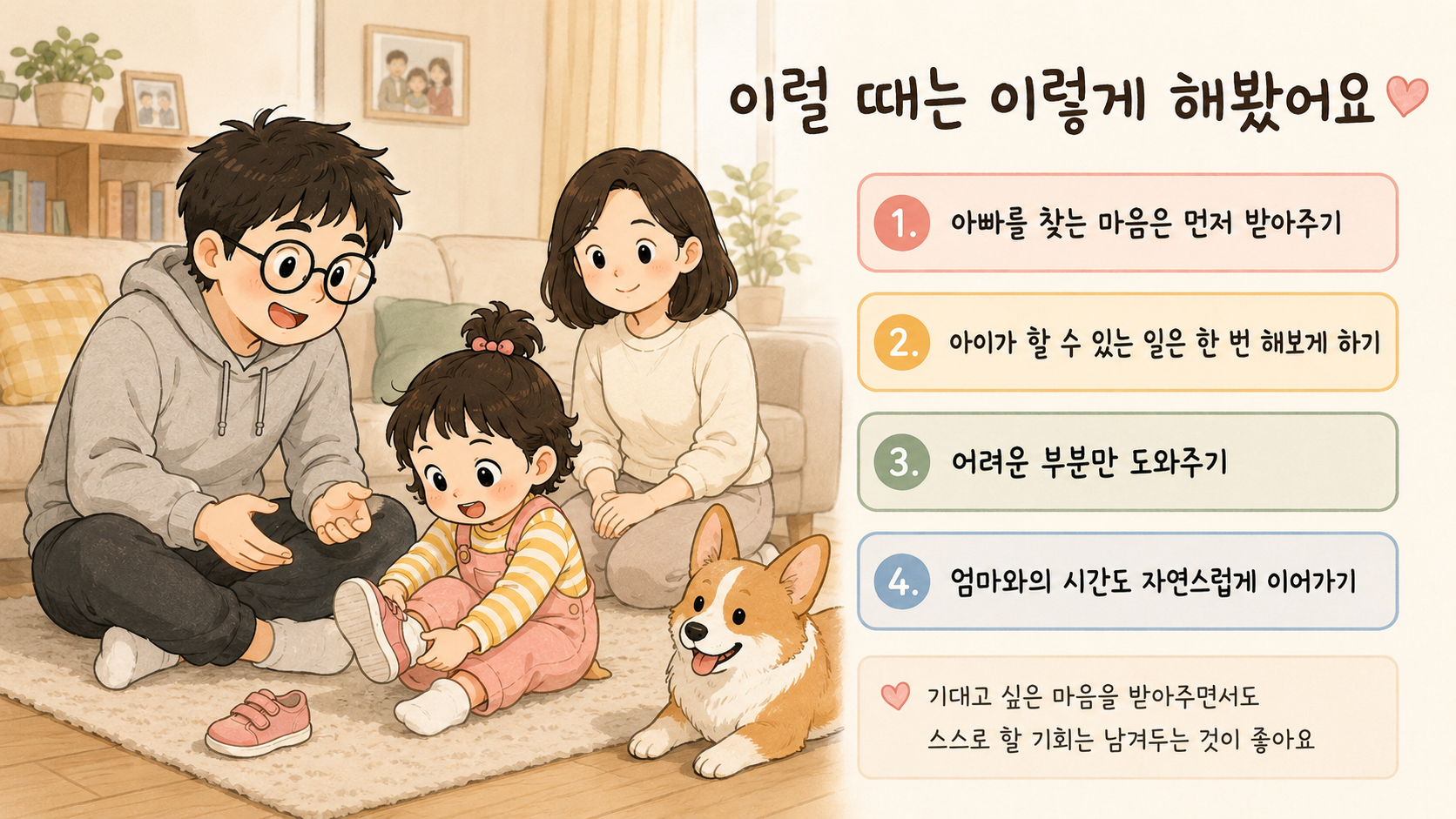 엄마와 있을 때는 혼자 잘하다가 아빠가 오면 아빠에게 붙는 3세 아이