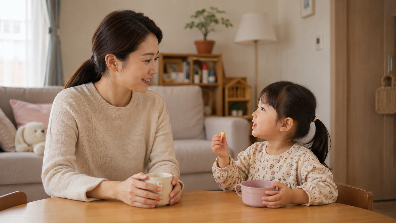 어린이집에서 돌아온 뒤 가방을 정리하는 아이를 편안하게 기다리는 부모