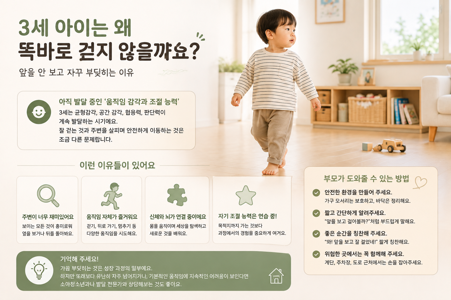 3세 아이가 집 안에서 주변을 바라보며 걷는 모습을 설명한 이미지