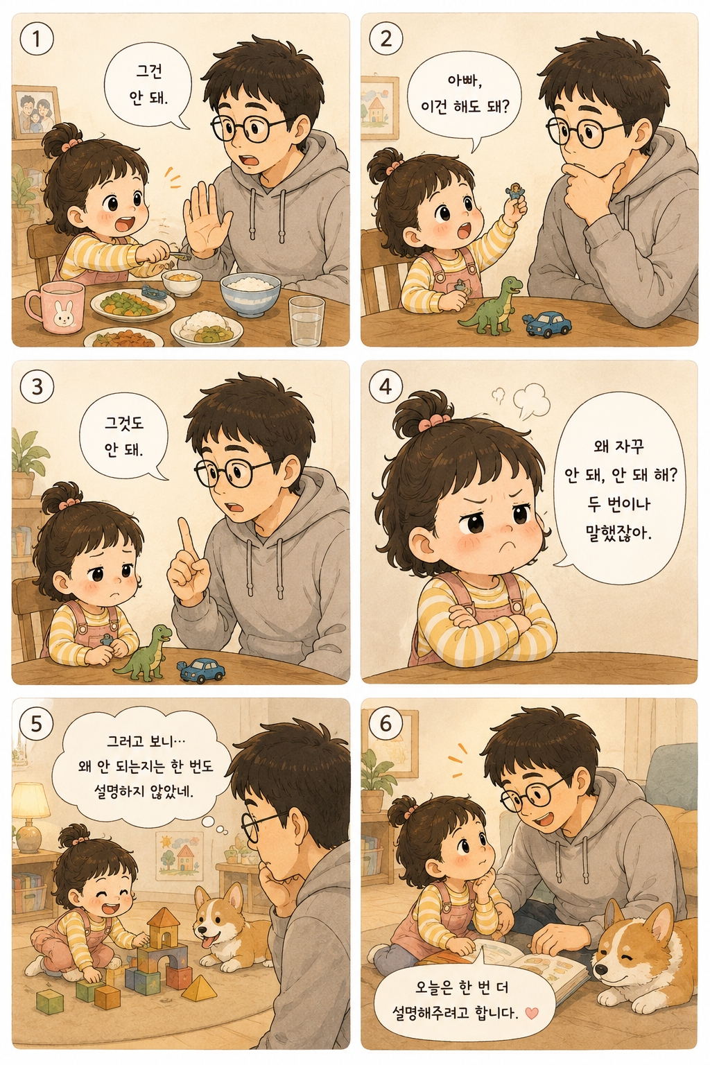 아빠가 아이에게 안 된다고 말한 뒤 이유를 설명하지 않았다는 것을 돌아보는 6컷 육아 만화