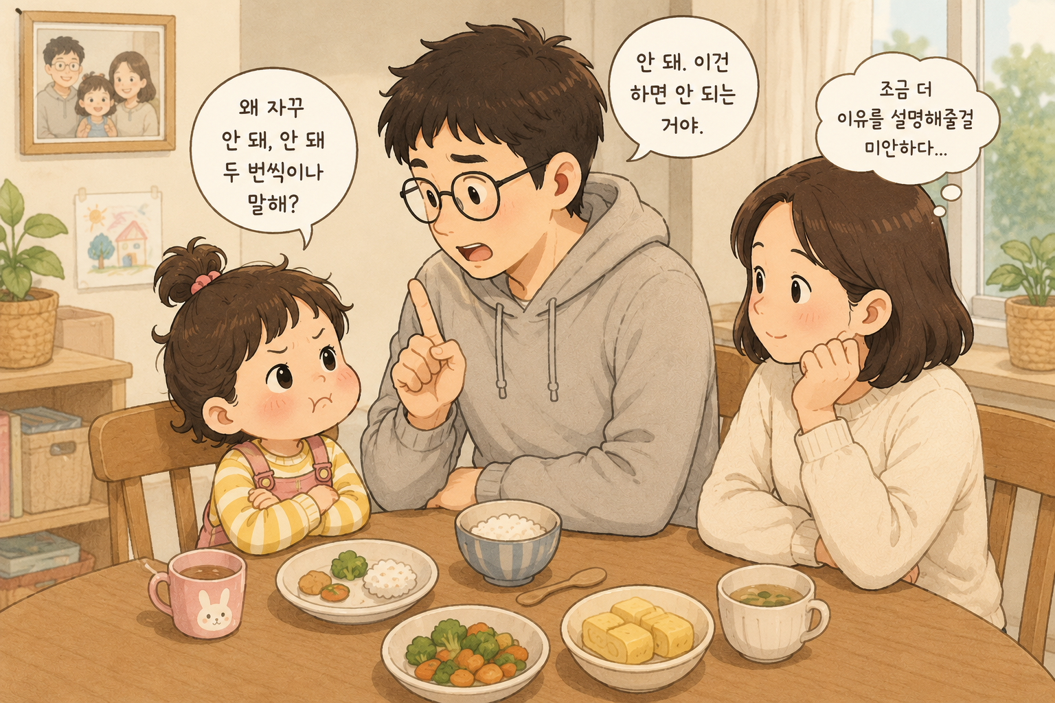 3세 아이에게 안 돼라고 말했을 때 아이가 속상해하고 부모가 이유를 설명하는 모습