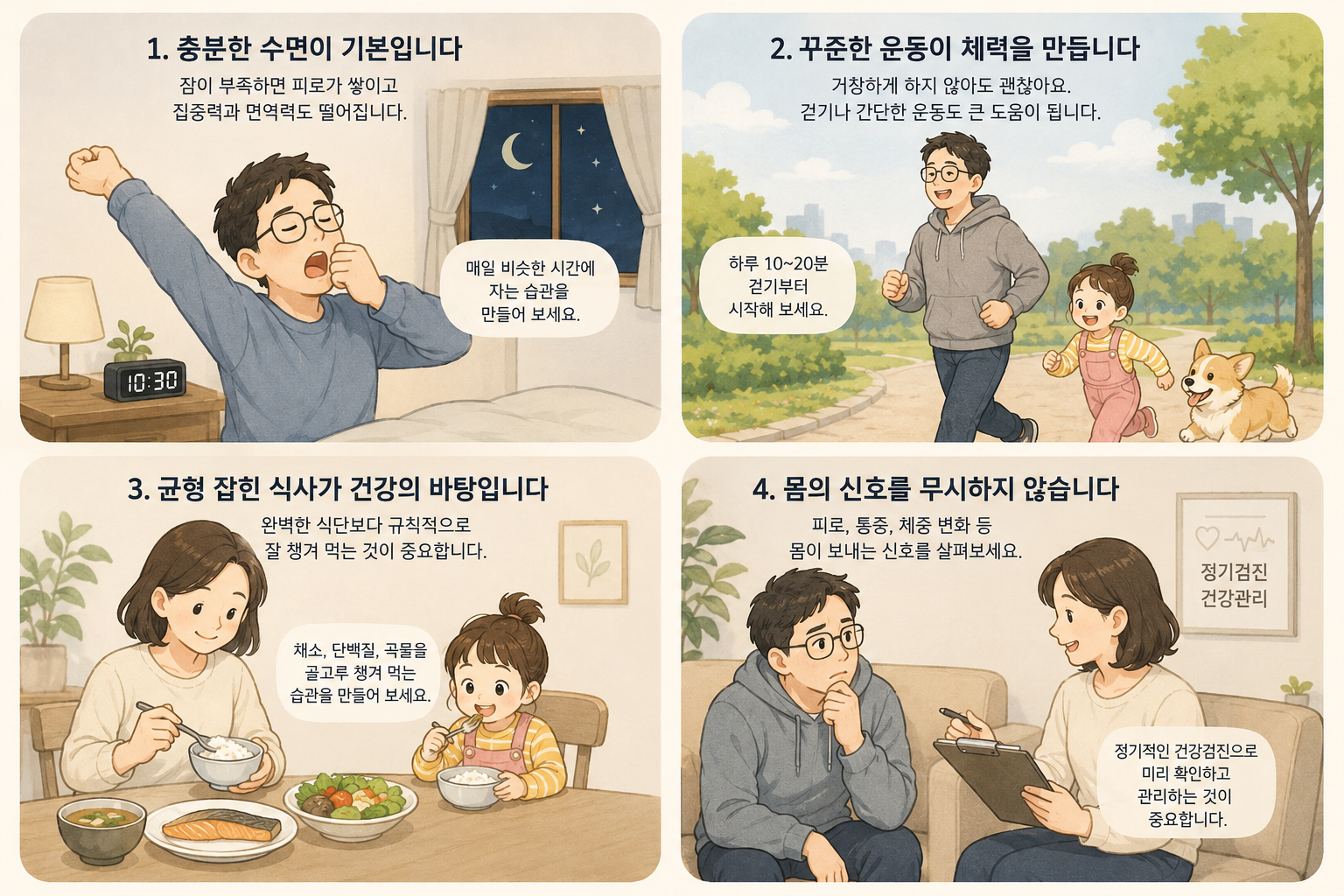 육아하는 40대 부모가 수면 운동 식사 건강검진을 챙기는 건강관리 방법