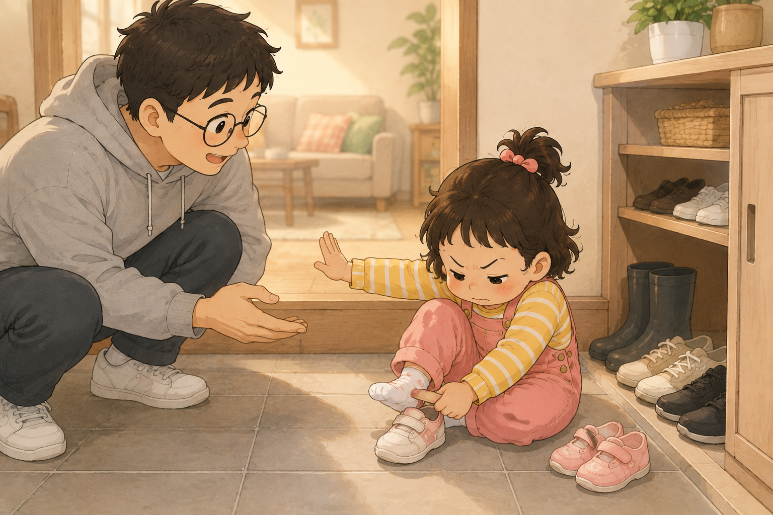 현관에서 부모의 도움을 거절하고 혼자 신발을 신어보려는 3세 아이