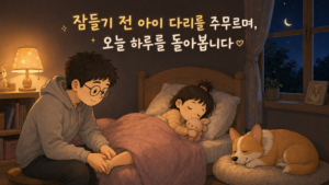잠들기 전 아이 다리를 주무르며, 오늘 하루를 돌아봅니다