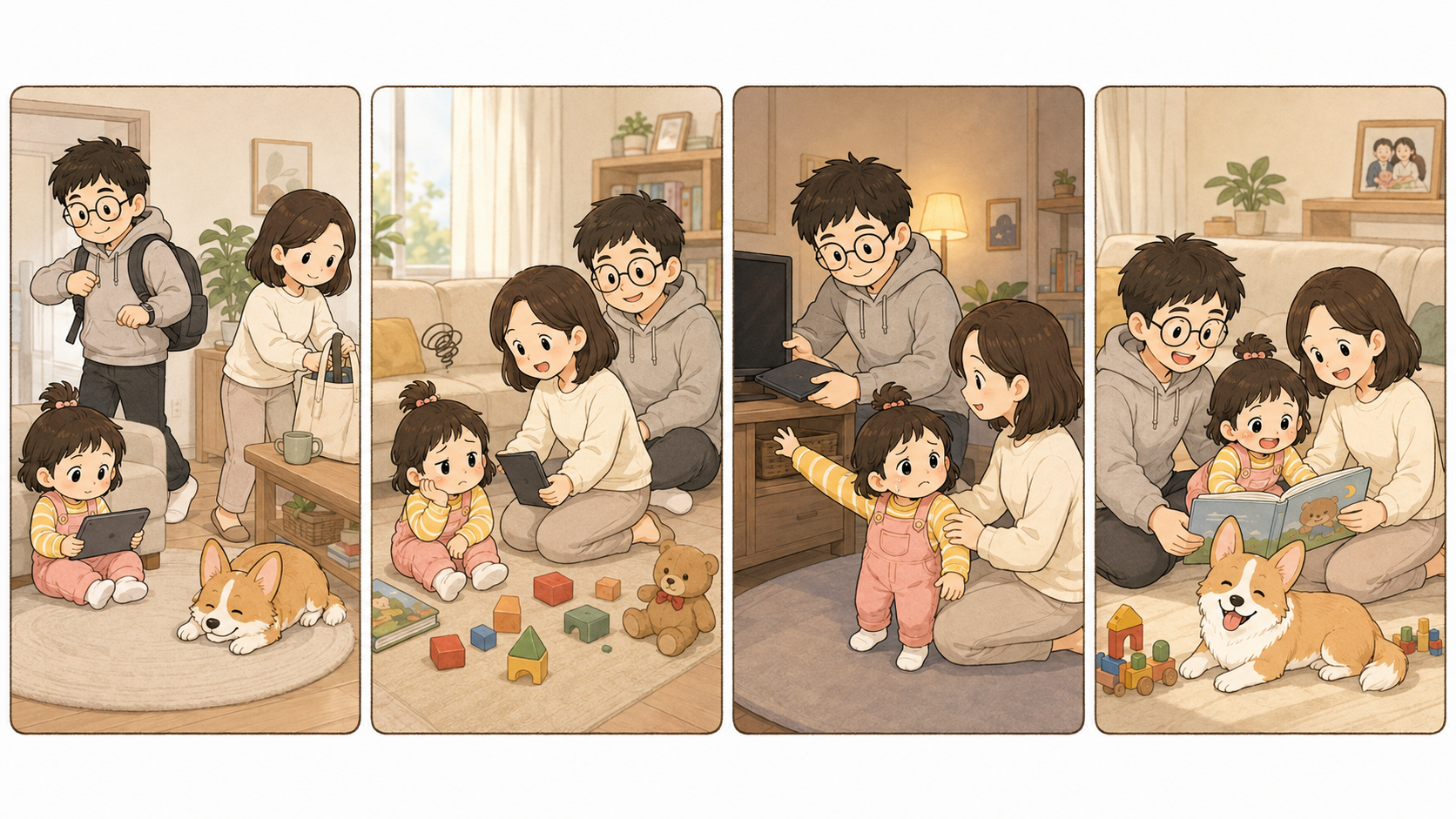미디어를 보던 3세 아이가 부모와 함께 영상을 끄고 다른 놀이와 책 읽기로 전환하는 가족의 모습