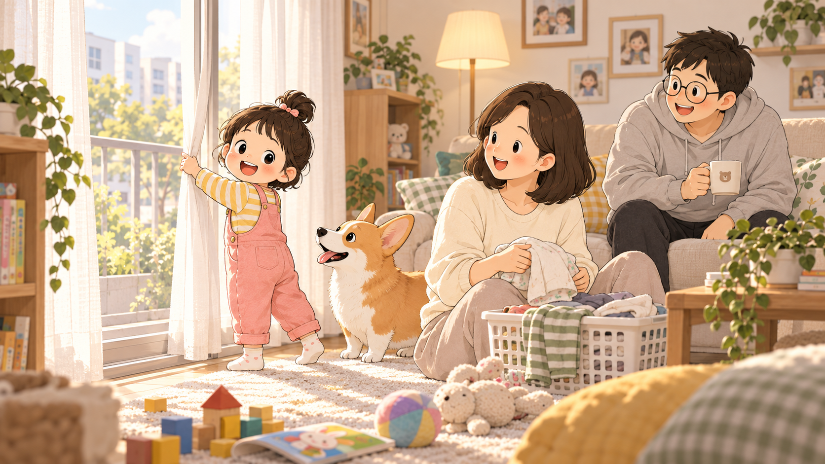 창문을 열며 부모에게 봐봐라고 말하는 3세 아이